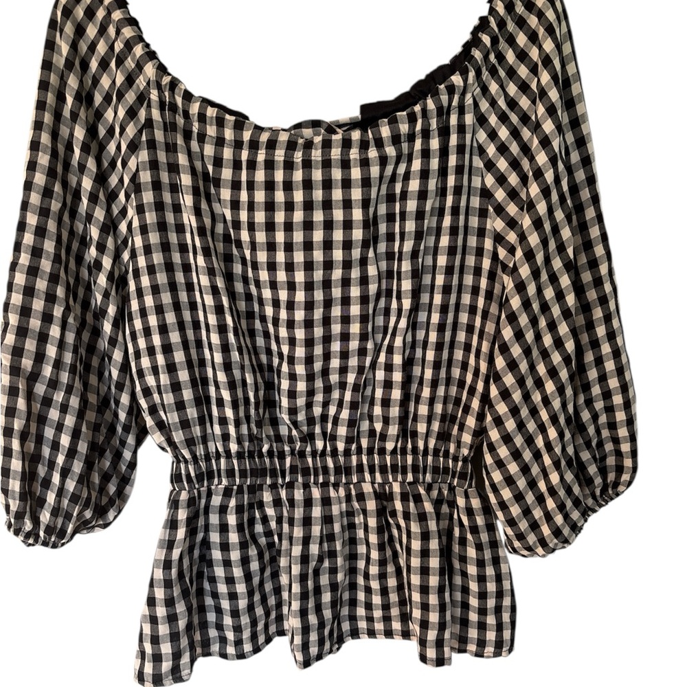 Cream and Black Puff Sleeve Peplum Blouse